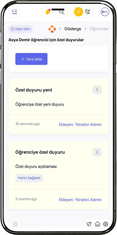 Özel Duyurular Modülü - Öğrenciye Özel Güvenli Duyuru, Veli İletişimi ve Harici Bağlantı Paylaşımı