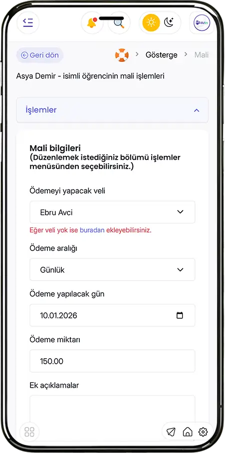 Mali İşlemler Modülü - Veli Ödeme Takibi, Esnek Ödeme Planlama ve Detaylı Mali Raporlama