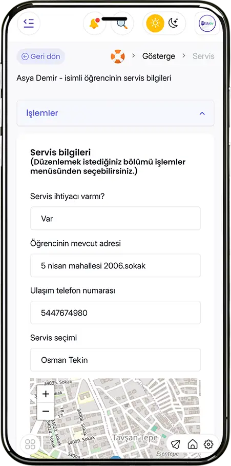 Servis Bilgileri Modülü - Öğrenci Servis Atama, Adres Yönetimi ve Haritalı Konum Takibi